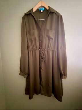 Olive Green Long-Sleeve Button-Front Shirt Dress